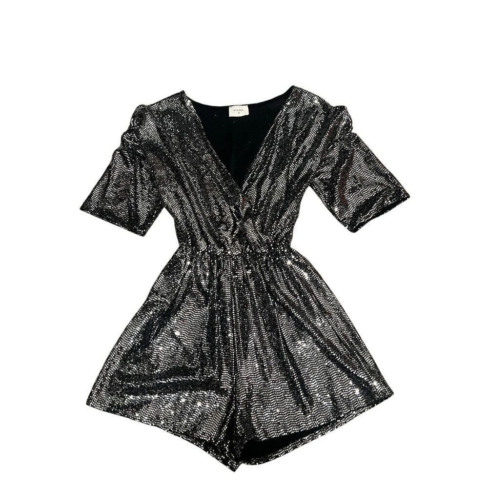 Everly Women's Sparkly Sequin Surplice Short Romper Black Silver Small